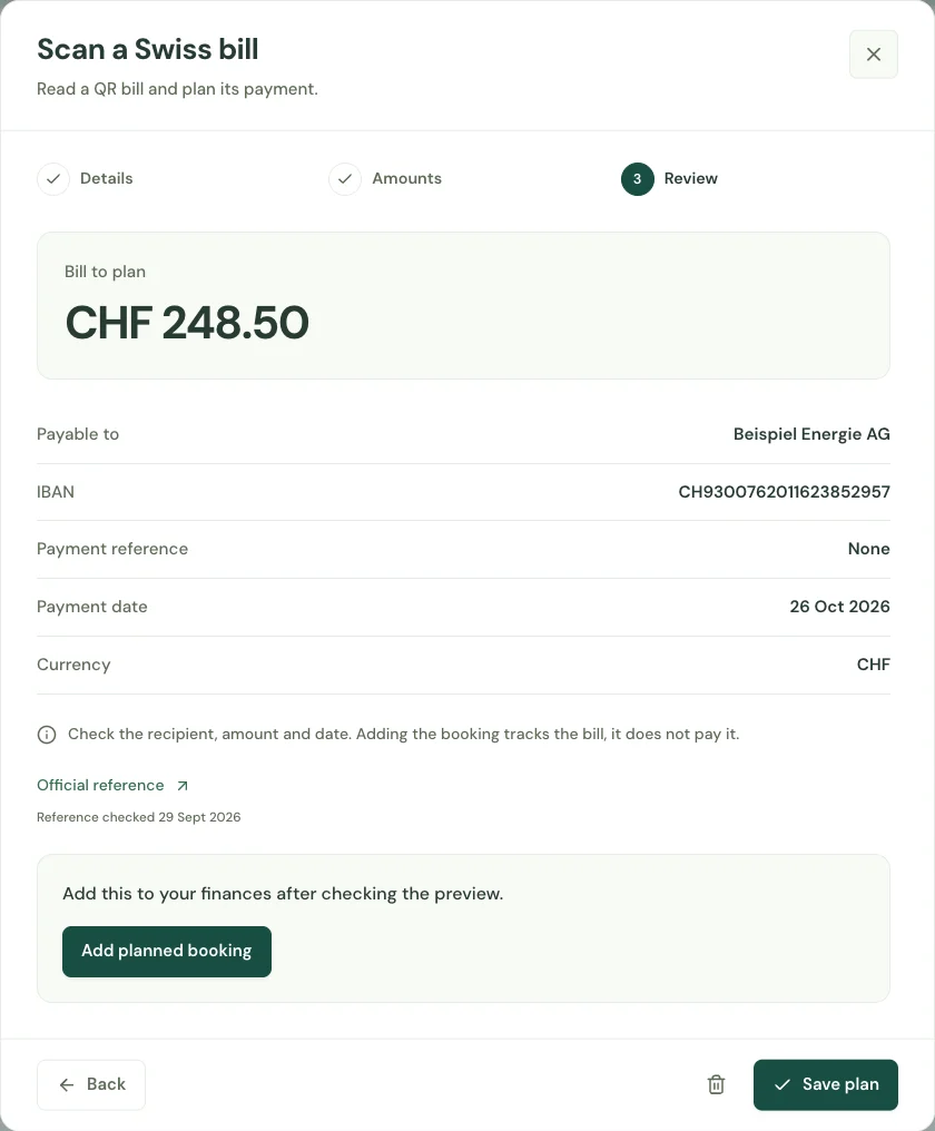 Dashboard preview: Swiss QR bills